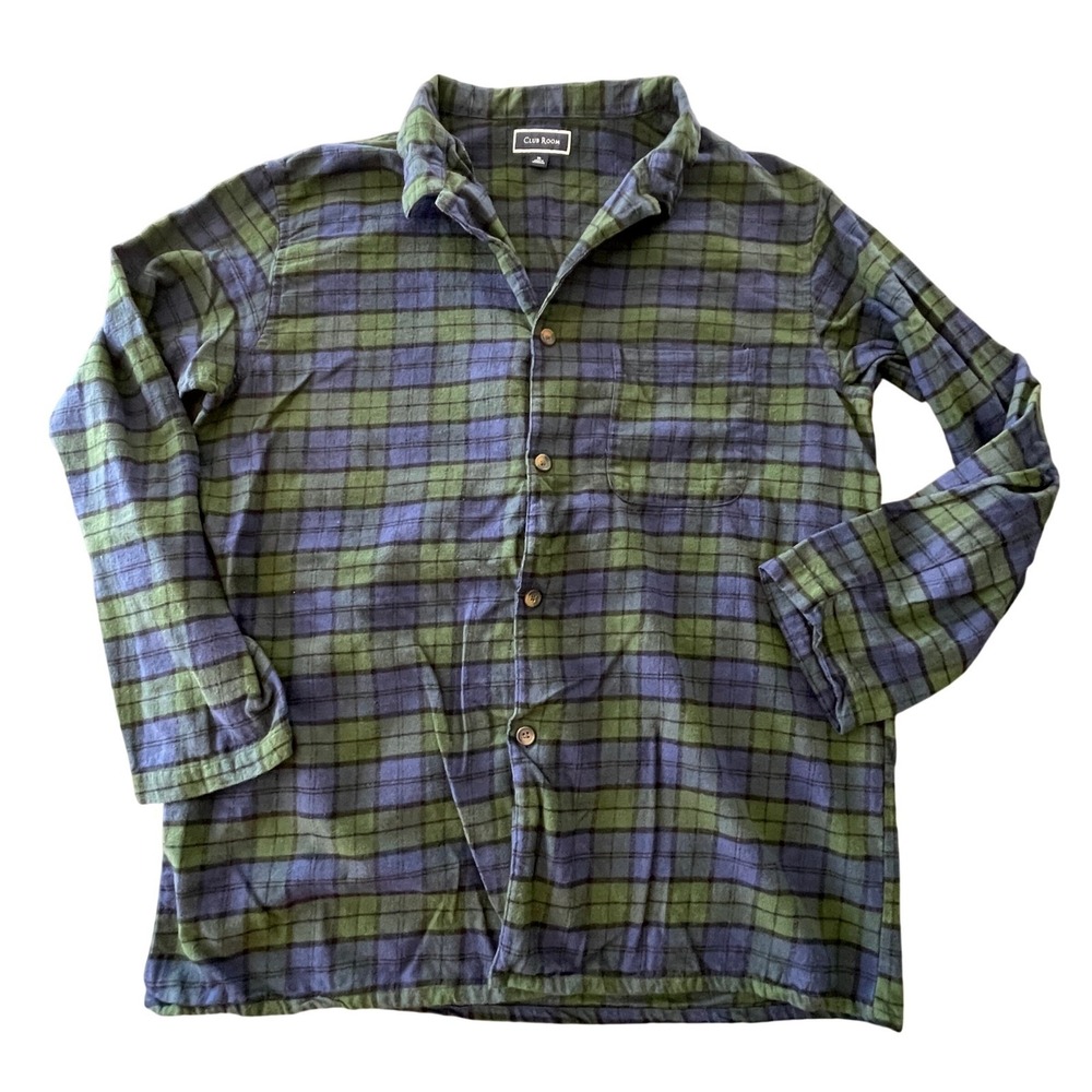 Club Room Flannel Pajama Shirt Mens XL Green Blue Plaid Lounge Sleepwear Cozy
